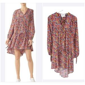 Perseverance London Dress Womens Small Red Floral Boho Cottage Core Tie Gathered